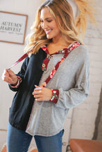 Load image into Gallery viewer, Black &amp; Grey Floral Print Placard Button Down Hoodie
