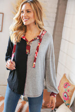 Load image into Gallery viewer, Black &amp; Grey Floral Print Placard Button Down Hoodie
