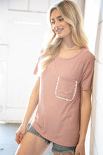 Load image into Gallery viewer, Rose Loose Fit Rib Knit Lace Edge Front Pocket Top
