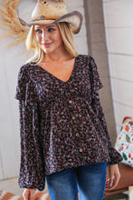 Load image into Gallery viewer, Black Boho Ethnic Floral Ruffle Baby Doll Peplum Blouse
