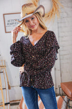 Load image into Gallery viewer, Black Boho Ethnic Floral Ruffle Baby Doll Peplum Blouse
