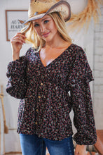 Load image into Gallery viewer, Black Boho Ethnic Floral Ruffle Baby Doll Peplum Blouse
