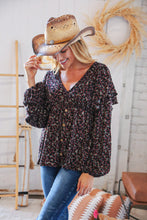 Load image into Gallery viewer, Black Boho Ethnic Floral Ruffle Baby Doll Peplum Blouse
