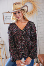 Load image into Gallery viewer, Black Boho Ethnic Floral Ruffle Baby Doll Peplum Blouse
