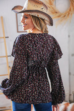 Load image into Gallery viewer, Black Boho Ethnic Floral Ruffle Baby Doll Peplum Blouse
