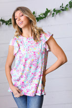 Load image into Gallery viewer, Pink &amp; Mint Floral Stripe Flutter Sleeve Top

