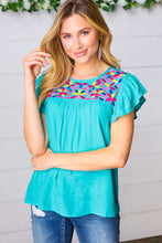 Load image into Gallery viewer, Turquoise Floral Embroidered Ruffle Sleeve Top
