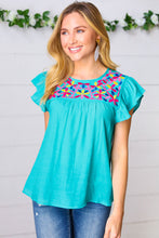 Load image into Gallery viewer, Turquoise Floral Embroidered Ruffle Sleeve Top
