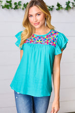 Load image into Gallery viewer, Turquoise Floral Embroidered Ruffle Sleeve Top
