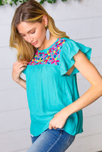 Load image into Gallery viewer, Turquoise Floral Embroidered Ruffle Sleeve Top
