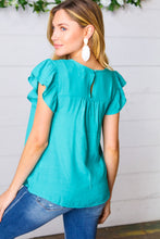 Load image into Gallery viewer, Turquoise Floral Embroidered Ruffle Sleeve Top
