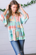Load image into Gallery viewer, Aqua Boho Patchwork V Neck Woven Top
