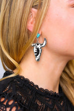 Load image into Gallery viewer, Southwestern Blk/White Cowhide &amp; Stone Bling Dangle Earrings
