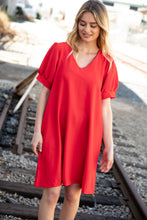 Load image into Gallery viewer, Red Crepe V Neck Capped Short Sleeve Pocketed Dress

