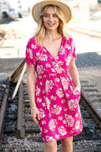 Load image into Gallery viewer, Fuchsia Floral Surplice Elastic Waist Pocketed Dress
