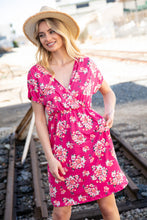 Load image into Gallery viewer, Fuchsia Floral Surplice Elastic Waist Pocketed Dress
