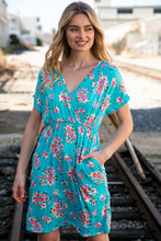 Load image into Gallery viewer, Teal Floral Surplice Elastic Waist Pocketed Dress
