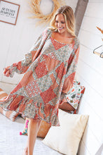 Load image into Gallery viewer, Blood Orange Ethnic Patchwork Raglan Ruffle Hem Dress
