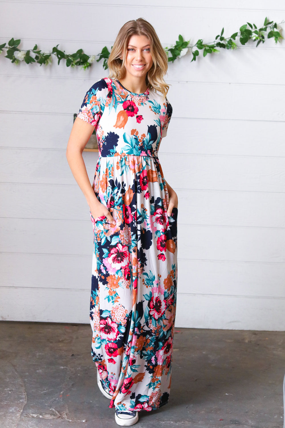 Cream & Navy Floral Pocketed Maxi Dress