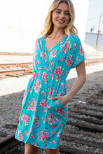 Load image into Gallery viewer, Teal Floral Surplice Elastic Waist Pocketed Dress
