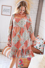 Load image into Gallery viewer, Blood Orange Ethnic Patchwork Raglan Ruffle Hem Dress
