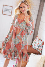 Load image into Gallery viewer, Blood Orange Ethnic Patchwork Raglan Ruffle Hem Dress
