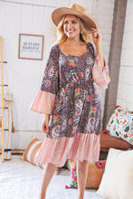 Load image into Gallery viewer, Berry Ethnic Paisley Sweet Heart Neck Bell Sleeve Dress
