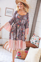 Load image into Gallery viewer, Berry Ethnic Paisley Sweet Heart Neck Bell Sleeve Dress
