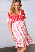 Load image into Gallery viewer, Red &amp; Blush Floral Paisley Ruffle Hem Pocketed Dress
