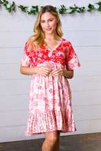 Load image into Gallery viewer, Red &amp; Blush Floral Paisley Ruffle Hem Pocketed Dress
