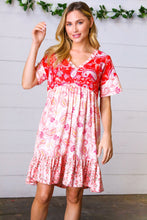 Load image into Gallery viewer, Red &amp; Blush Floral Paisley Ruffle Hem Pocketed Dress
