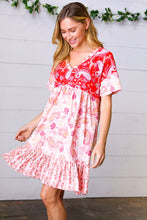 Load image into Gallery viewer, Red &amp; Blush Floral Paisley Ruffle Hem Pocketed Dress
