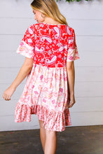 Load image into Gallery viewer, Red &amp; Blush Floral Paisley Ruffle Hem Pocketed Dress
