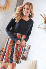Load image into Gallery viewer, Black Vertical Floral Stripe Fit and Flare Dress
