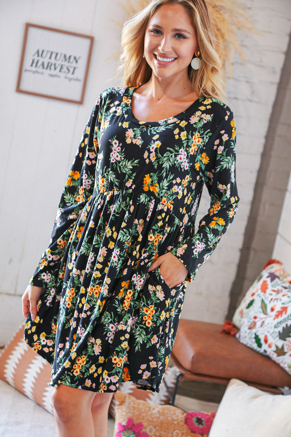 Black Floral Babydoll Side Pocket Swing Dress