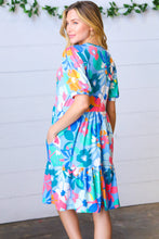 Load image into Gallery viewer, Baby Blue Flat Floral Fit &amp; Flare V Neck Dress
