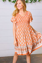 Load image into Gallery viewer, Apricot Paisley Fit and Flare Smocked Midi Dress
