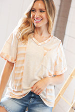 Load image into Gallery viewer, Peach/Tan Terry V Neck Color Block Stripe Loose Fit Top
