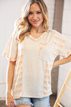 Load image into Gallery viewer, Peach/Tan Terry V Neck Color Block Stripe Loose Fit Top
