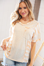 Load image into Gallery viewer, Peach/Tan Terry V Neck Color Block Stripe Loose Fit Top
