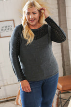 Load image into Gallery viewer, Charcoal Distressed Knit Eyelet Yoke Top
