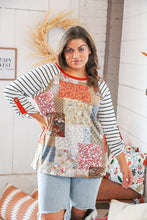 Load image into Gallery viewer, Floral Patchwork &amp; Stripe Raglan Roll Up Button Top

