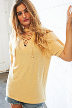 Load image into Gallery viewer, Sunflower Drop Shoulder Lace Up Terry Knit Top
