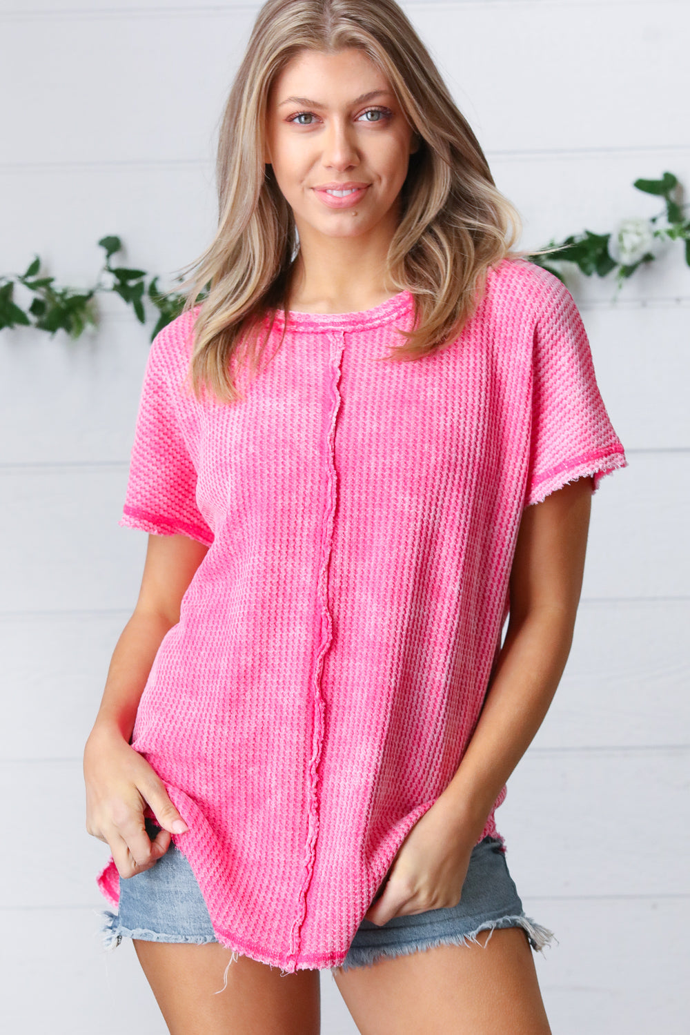 Washed Pink Baby Waffle Short Sleeve Top