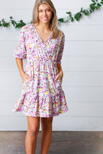 Load image into Gallery viewer, Lavender Floral Surplice Neck Ruffle Dress
