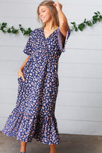 Load image into Gallery viewer, Navy Floral Surplice Elastic Waist Ruffle Maxi Dress
