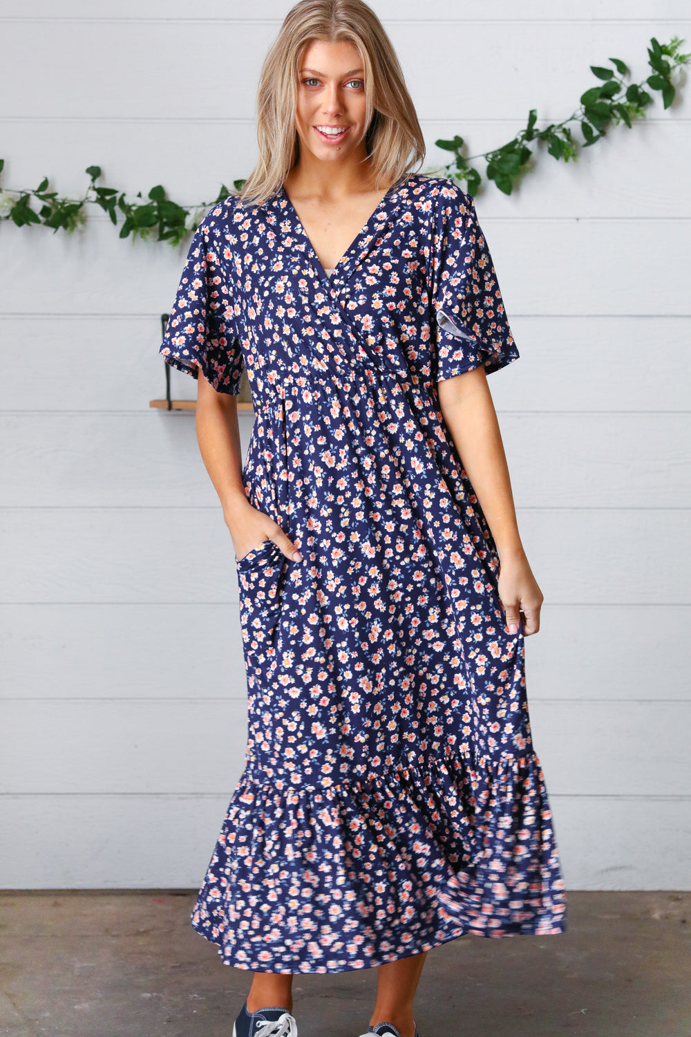 Navy Floral Surplice Elastic Waist Ruffle Maxi Dress