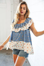 Load image into Gallery viewer, Sky Blue Ruffle Floral Color Block Woven Blouse
