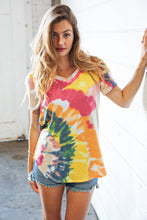 Load image into Gallery viewer, Multicolor Tie Dye Terry V Neck Short Sleeve Top

