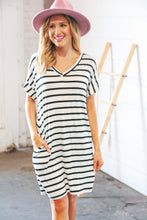 Load image into Gallery viewer, Black &amp; Ivory Stripe V Neck Cap Short Sleeve Dress
